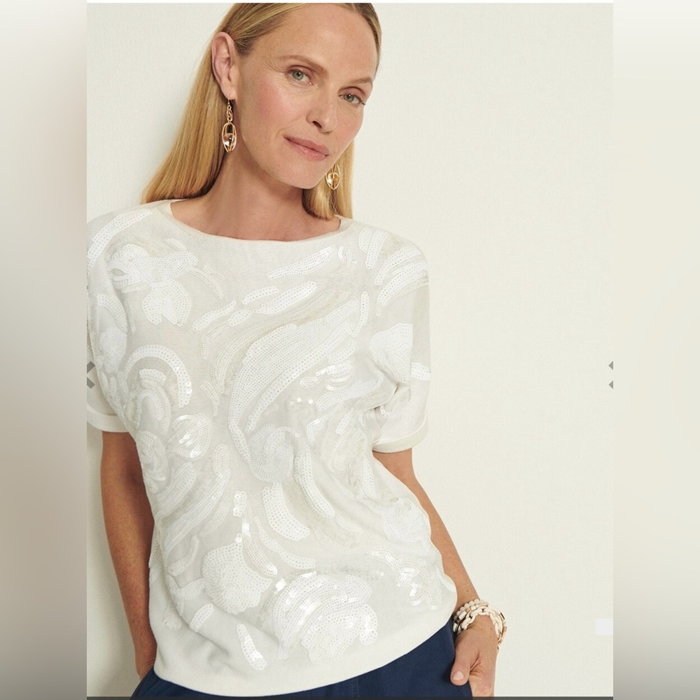 Chico’s White Sequin Pullover Sweater SZ 4 US XXL Short Sleeve Bateau Neck WTH